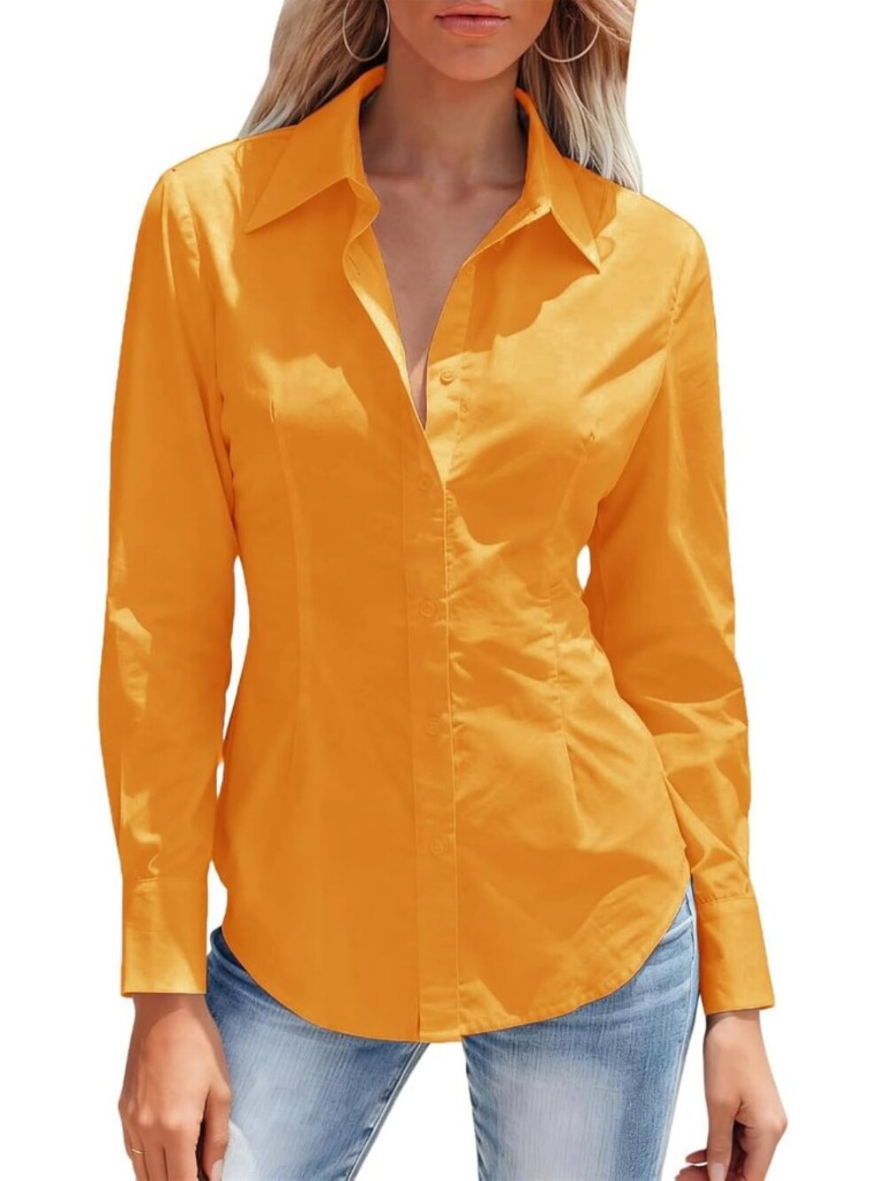 Women's Orange Long Sleeve Button Down Shirts Collared Dress Wrinkle Free Top